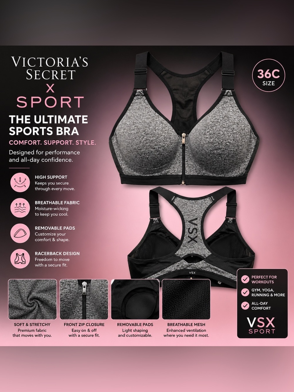 Victoria's Secret VSX Sport Gray & Black Front-Zip High-Impact Sports Bra 36C